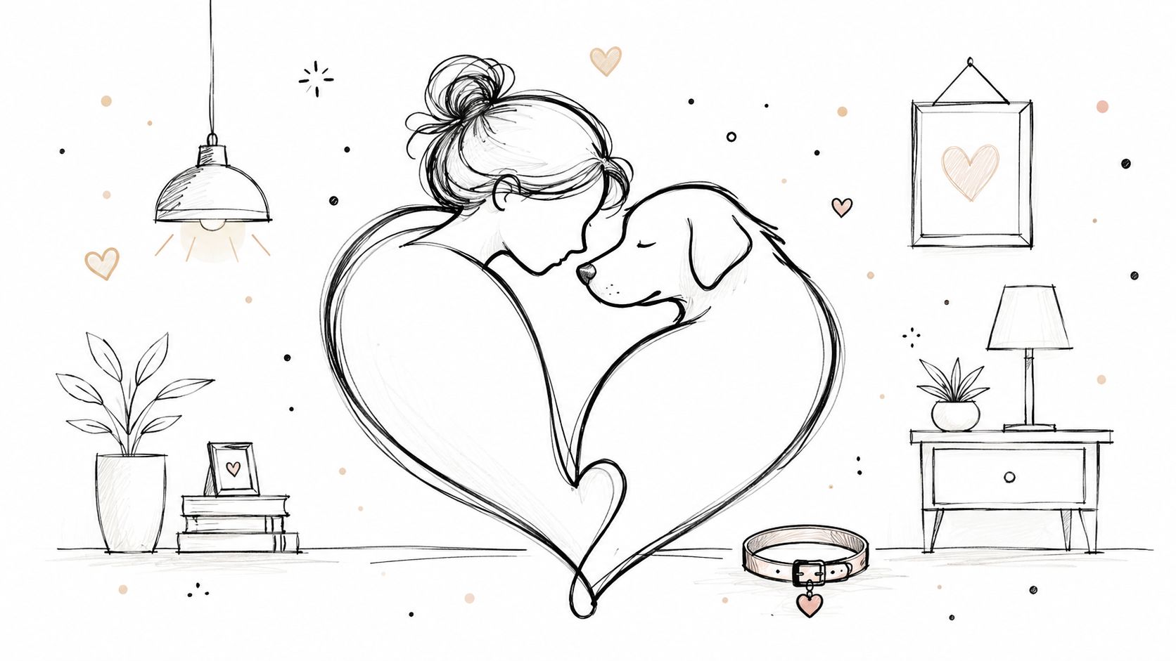 Line art illustration of a woman embracing her dog in a heart shape, evoking pet loss memories.