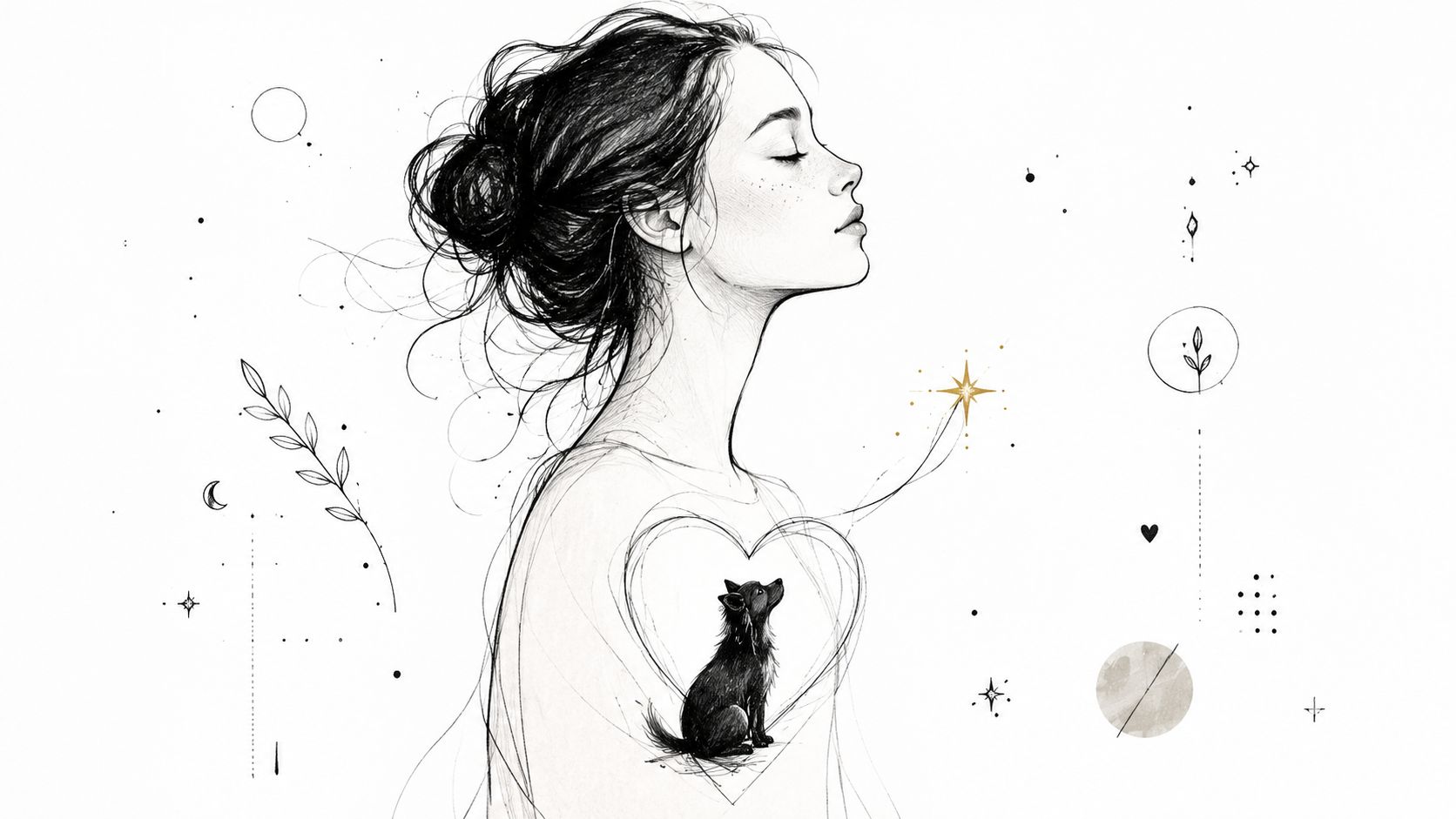 A pencil sketch of a woman with her eyes closed, holding a small dog in her heart.
