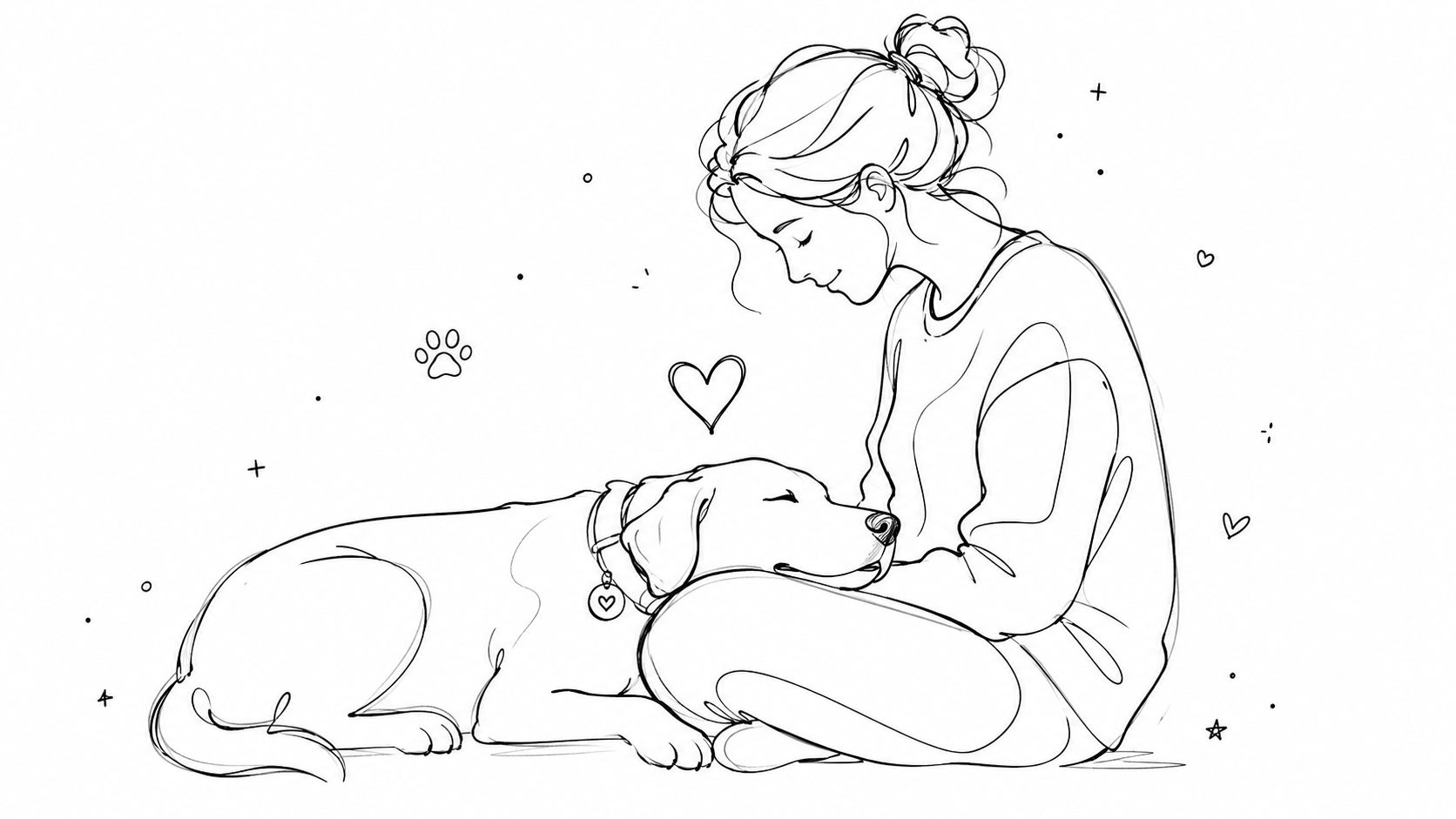 A line art illustration of a young woman gently petting her dog as it rests peacefully.
