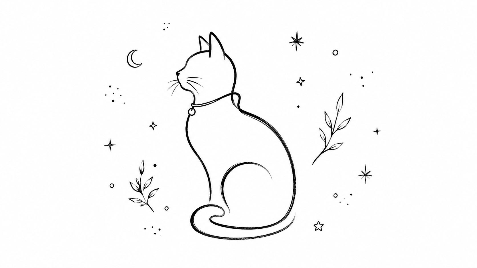A minimal black and white line drawing of a cat sitting among celestial stars and leaf motifs.