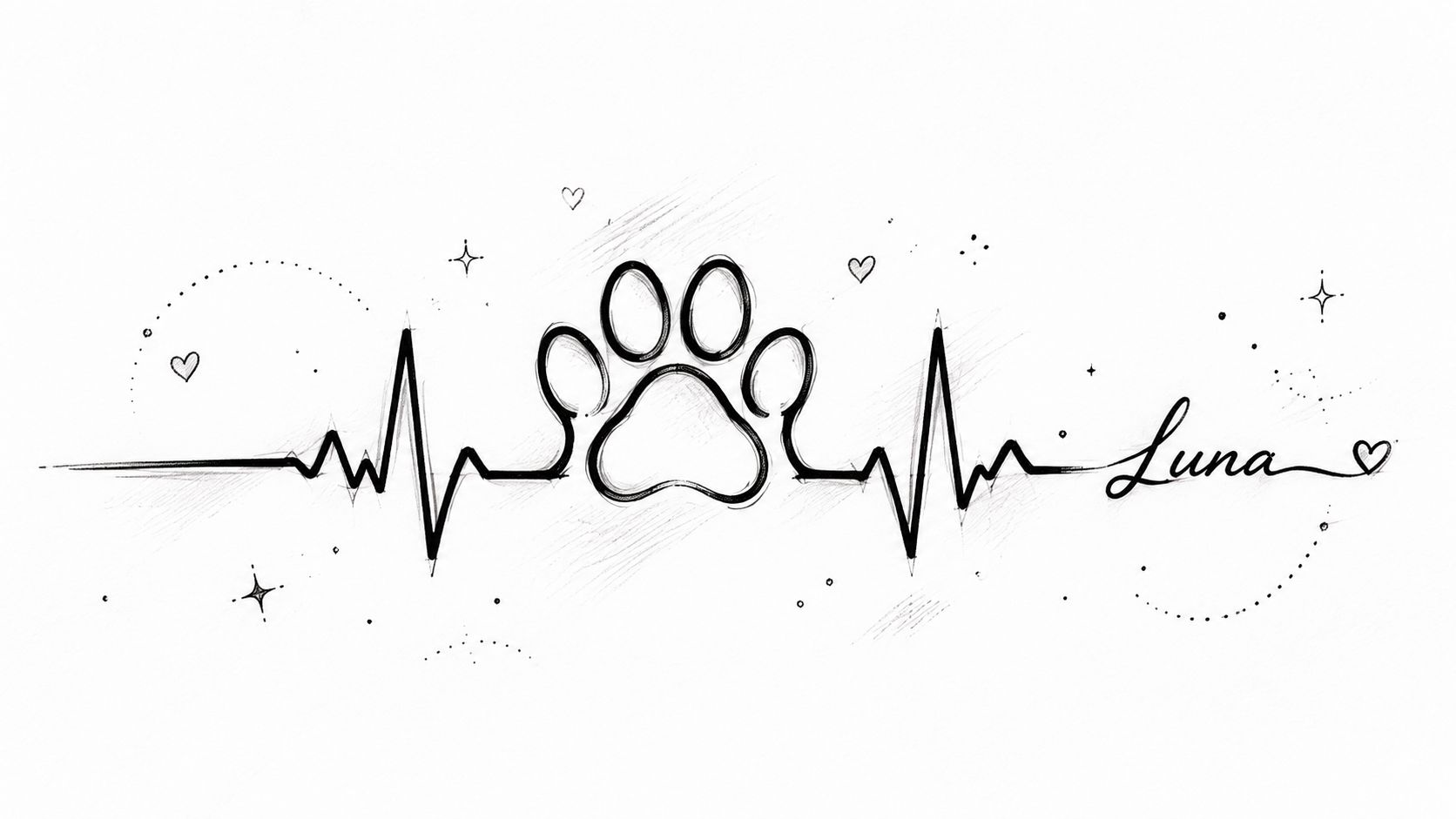 A delicate sketch of a paw print integrated into a heartbeat line with the name Luna written.