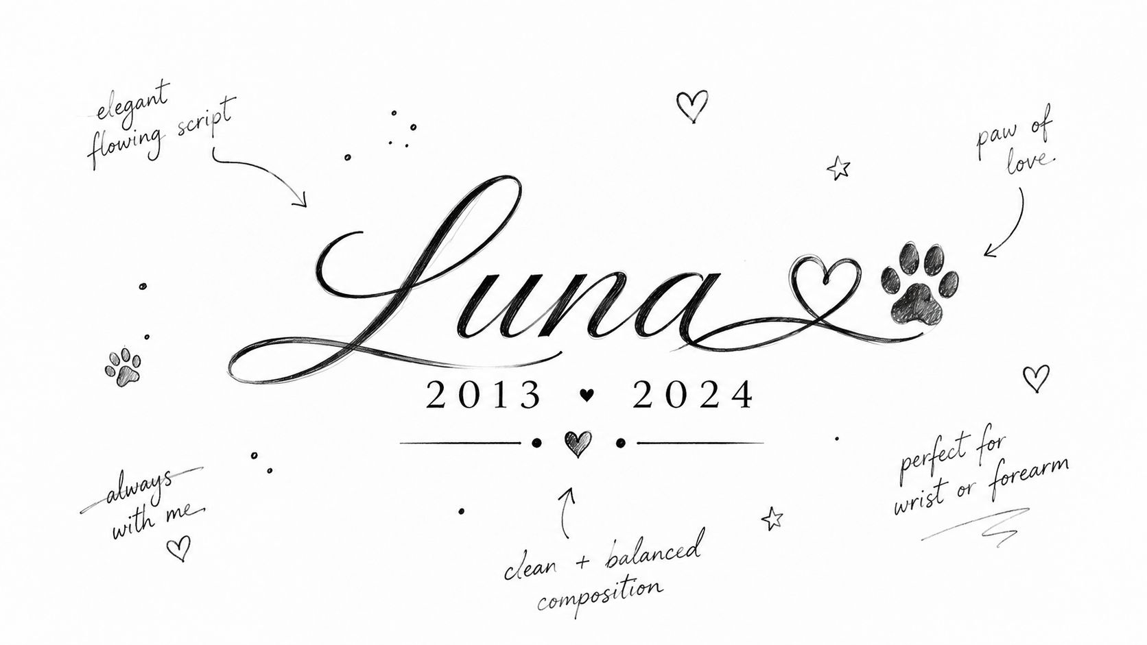 A pencil sketch of a memorial tattoo design featuring the name Luna with dates and paw print.