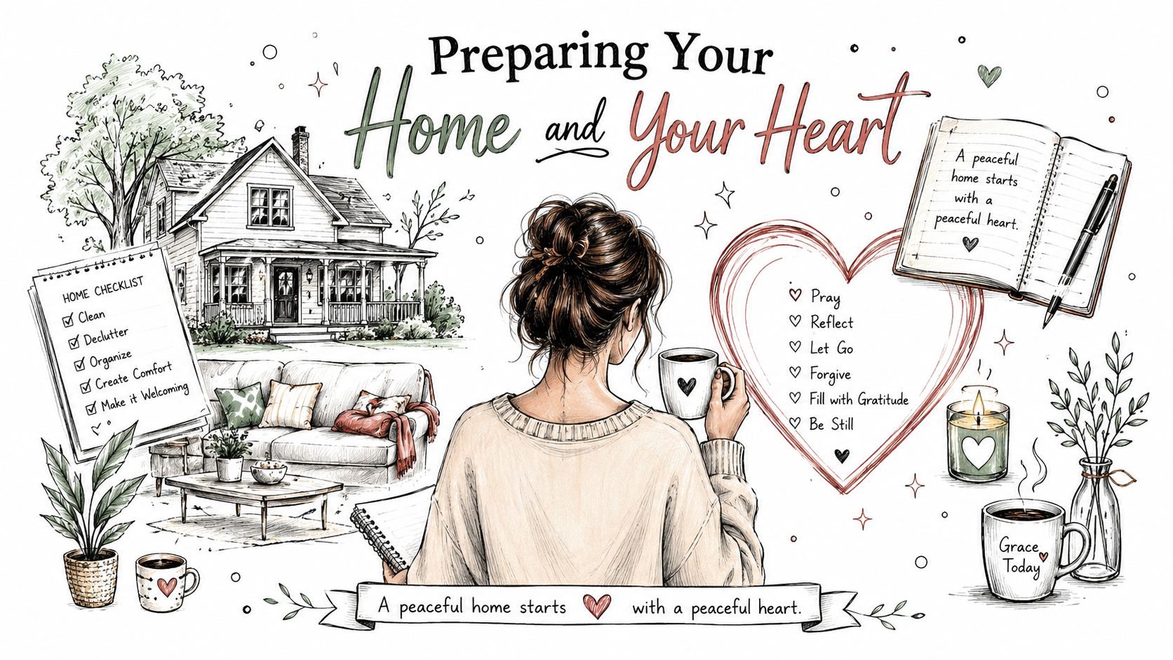 A woman holding a mug with a heart, surrounded by home-related checklist and heart-centered spiritual habits.