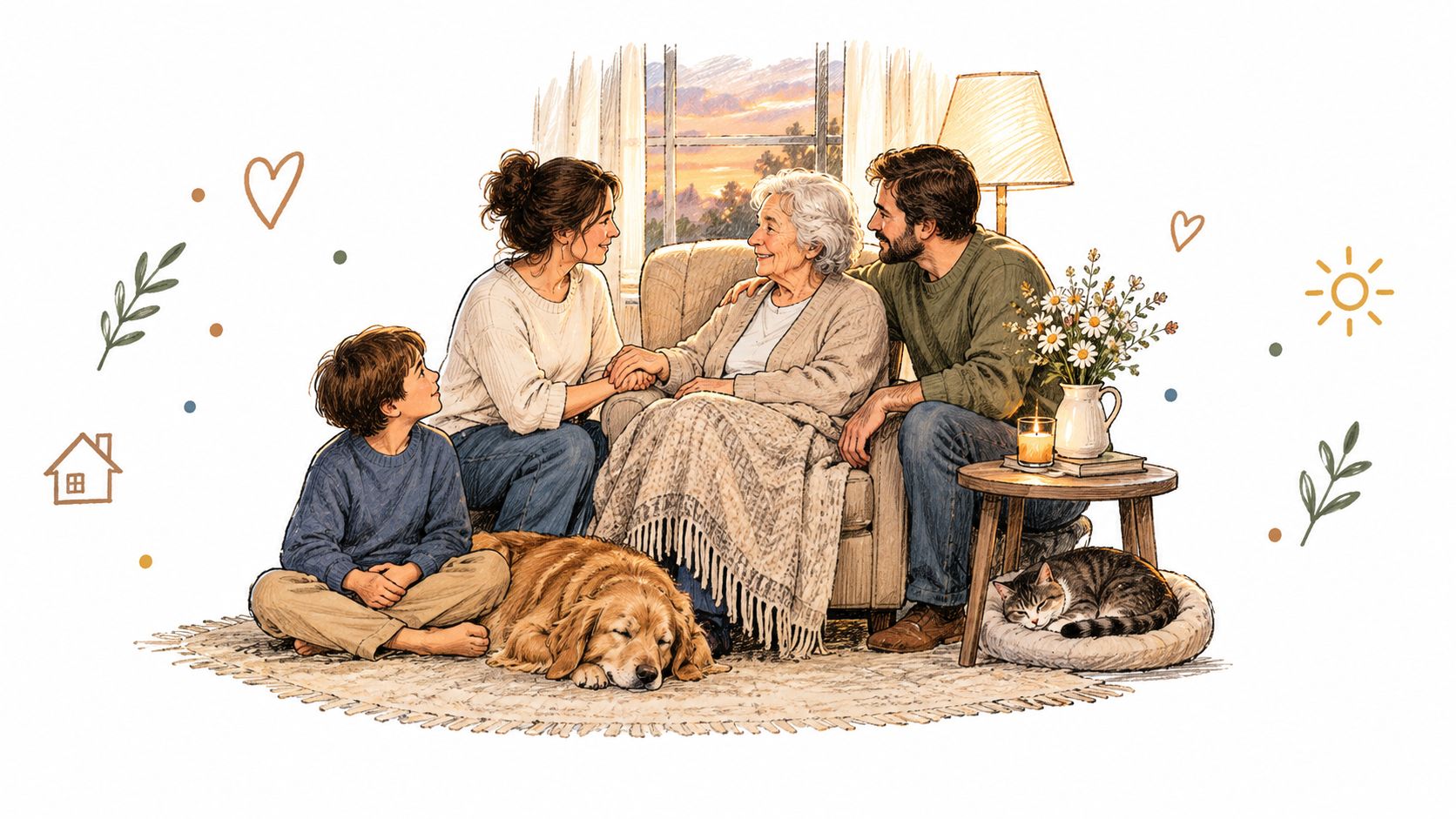 A caring family sits with an elderly woman in an armchair at home with their pets.