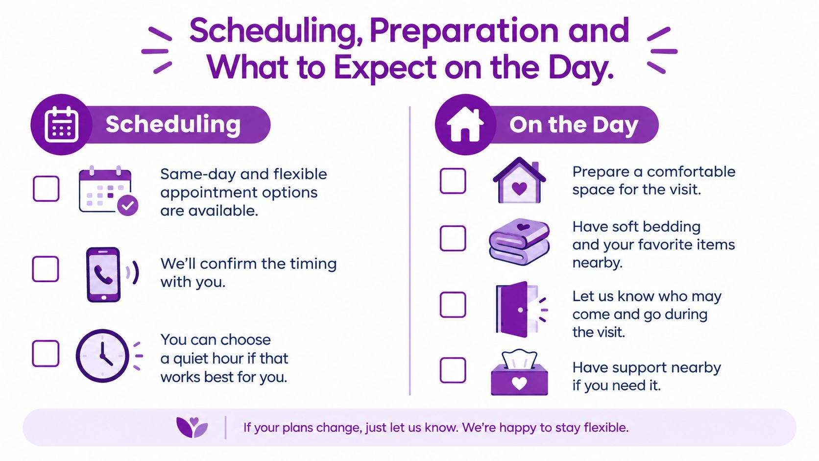 An infographic showing tips for scheduling and preparing for an at-home pet euthanasia visit.